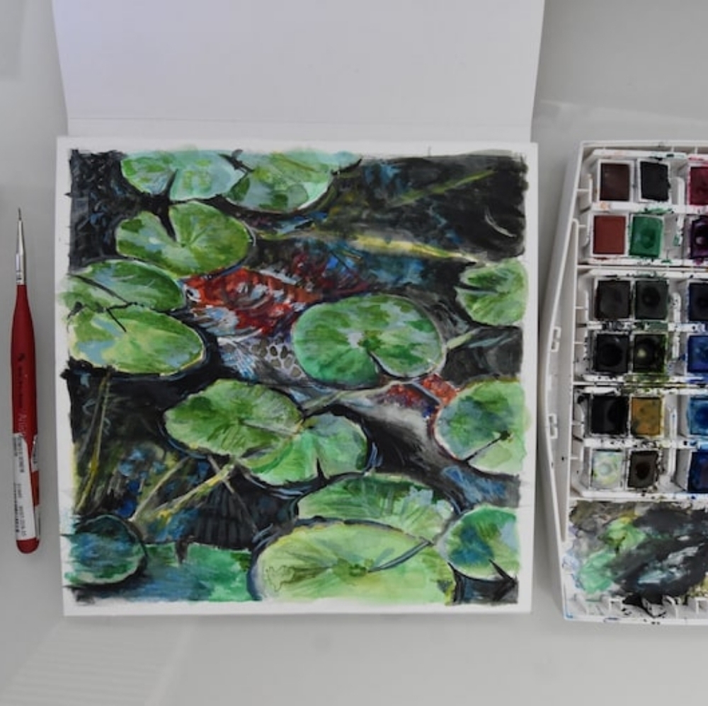 Koi Fish and Lilypads - Original Handpainted Watercolor Painting - 8" by 8" - Picture 2 of 5